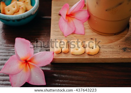iced coffee and biscuit alphabet spell HBD