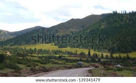 High mountain grasslands and national road No.318 on Tibetan Plateau