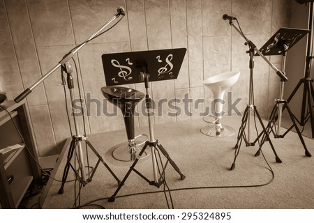 Music stage or singing background, microphone,chair made with black and white color.
