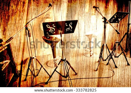 Abstract Music stage or singing background, microphone,chair on wood background made with vintage.