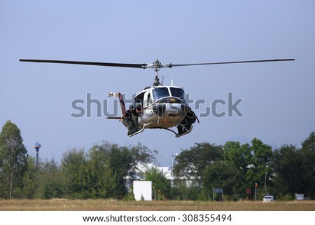 CHA-AM PECHABURI, THAILAND January 2014: Special force police practices to jump from helicopter January 2014 in Chaam-PECHBURI