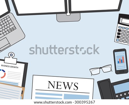 Set of Flat vector design illustration of modern business office and workspace. Top view of desk background with laptop, digital devices, office objects ,financial markets