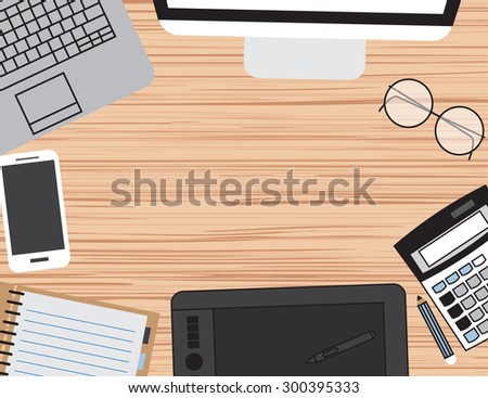Set of Flat vector design illustration of modern business office and workspace. Top view of desk background with laptop, digital devices, office objects ,financial markets