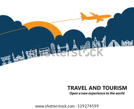Travel and tourism and  transport .The landmarks of the world as the background