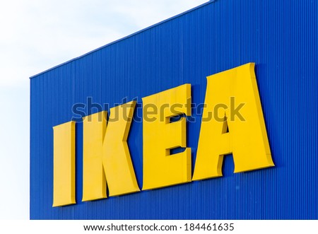 BANGKOK - MARCH 30, 2014: IKEA logo on blue sky background in BANGKOK,THAILAND.the Swedish IKEA is the world\'s largest furniture retailer.