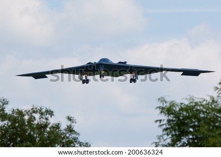 RAF FAIRFORD, GLOUCESTERSHIRE, UK - JUNE 12: Northrop Grumman B-2 Spirit stealth bomber (93-1088) on approach to land on June 12, 2014 at RAF Fairford, Gloucestershire, UK.