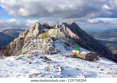 Winter landscape with a cabin in Urkiola mountains