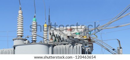Equipment of high-voltage substation.Part of high-voltage substation with contacts of high-voltage transformer.