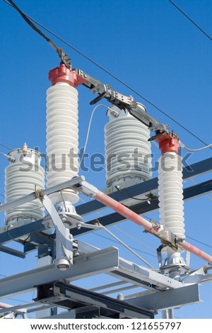 Equipment of high-voltage substation. Disconnector of a high voltage. On a background current transformers.