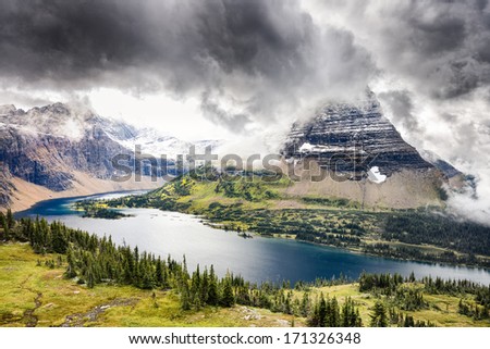 Glacier National Park\'s Hidden Lake Overlook on a cold, cloudy late summer day