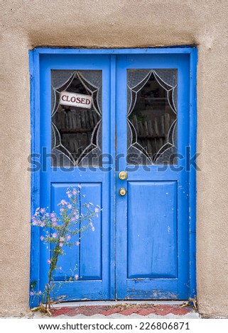 Unique blue door fronted by purple aster flowers in Santa Fe, NM