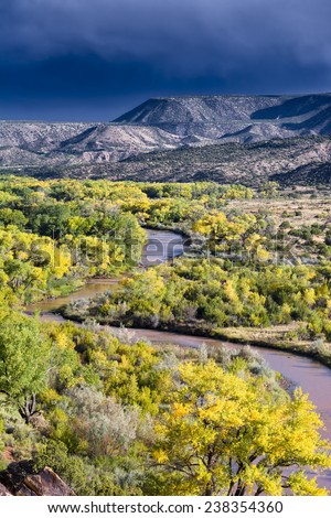 Late afternoon view of the Chama River Overlook near Abiquiu, NM under an ominous sky