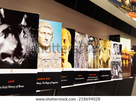 ROME, APRIL 22: Gallery of books on the history of the Roman Empire, shop in Coliseum, Rome, Italy