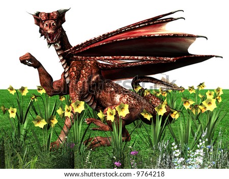 St David\'s Day Flag - a red dragon (Y Ddraig Goch) standing amid daffodils on a green field