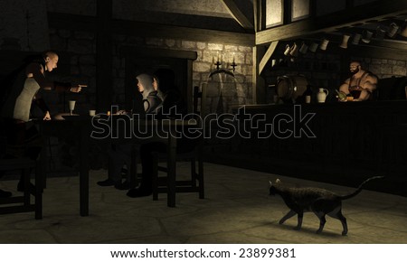 In the dark interior of the Red Dragon Tavern, the barman Torth looks on as Lift the Fence takes exeption to his partners\' idea of a three way split.......