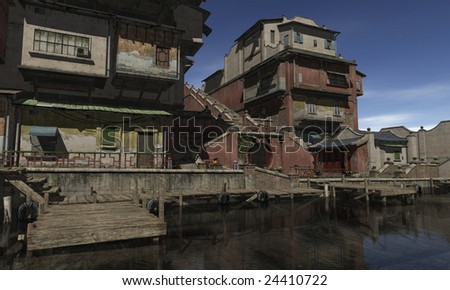 Digital render of an Asian town harbour.
