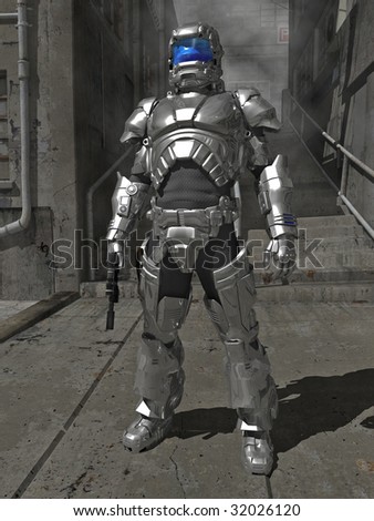 A Space Marine commander in reflective laser-repelling armor at rest in the urban jungle.