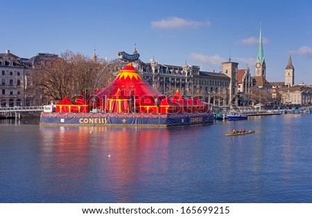 Zurich, Switzerland - November 26, 2013: Circus Conelli on the artificial island Bauschaenzli, Limmat river. The circus performs there its \