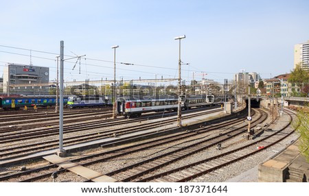 Bern, Switzerland - April 7, 2014: railways of the Bern Main station. The city of Bern is the capital of Switzerland and also the capital of the Canton of Bern.
