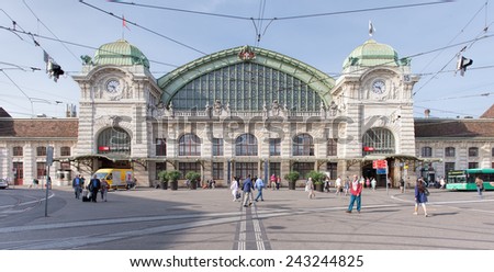 Basel, Switzerland - 6 August, 2014: Basel railway station building facade. Basel is Switzerland\'s third most populous city located where the Swiss, French and German borders meet.