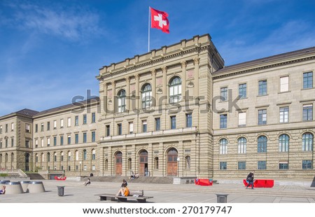 Zurich, Switzerland - 12 April, 2015: Swiss Federal Institute of Technology (German: ETH) building facade. ETH Zurich is an engineering, science, technology, mathematics and management university.