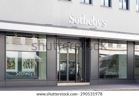 Zurich, Switzerland - 24 June, 2015: Entrance of the Sotheby\'s office. Sotheby\'s is one of the world\'s largest brokers of fine and decorative art, jewelry, real estate and collectibles.
