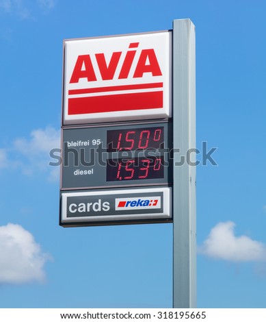 Einsiedeln, Switzerland - 7 September, 2015: AVIA sign with petrol and diesel prices at the filling station. AVIA International company is represented by more than 2900 petrol stations in 14 countries