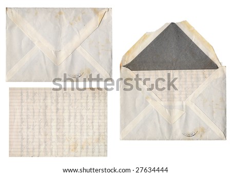 Old and stained envelope containing a folded, handwritten letter.