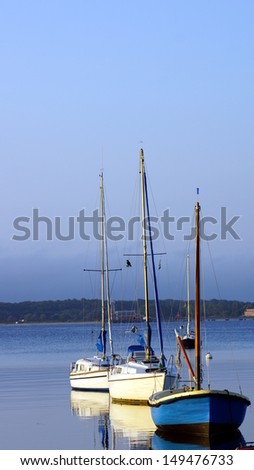 free beautiful little sailboats in the harbor the morning and windless smooth water surface to the horizon