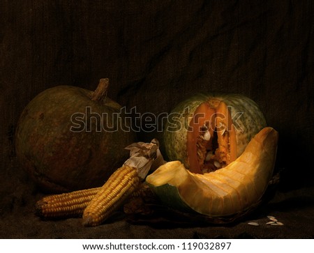 Still life with melon and corn on a canvas background