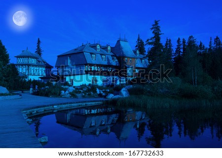 Hotel on moonlight in High Tatras in Slovakia