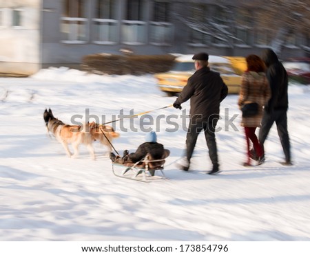 Dog team with kids on sledge in motion blur