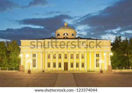 The historical building of Helsinki University Library at night.