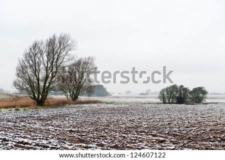 Light snow fall across farmers fields in Pagham, West Sussex, England, UK