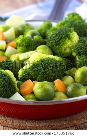 Brussels sprouts, broccoli and carrots in a pan