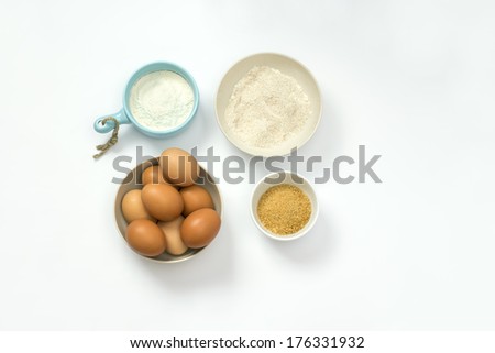 Eggs, Flour and Sugar on white background