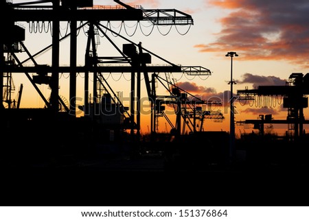 Silhouette of harbor cranes at sunset