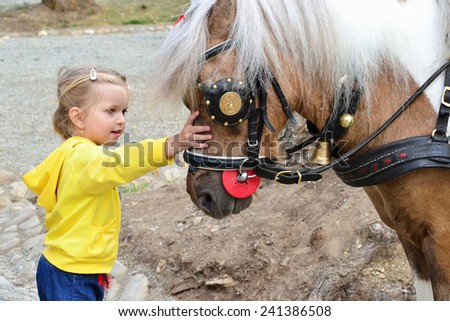 CLUJ-NAPOCA, ROMANIA - CIRCA AUGUST 2014: A cute white girl pets a little pony in Central Park. The park pony is the greatest attraction for young children.