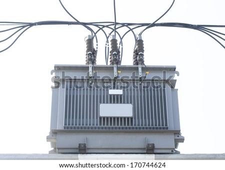 Transformer on Electricity post, high power station. High voltage ,white background
