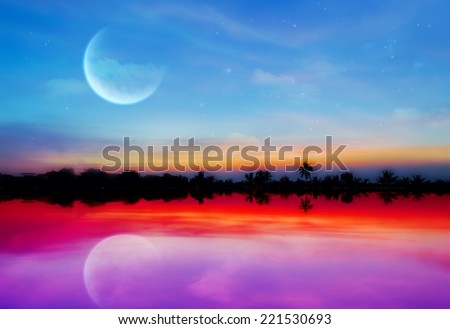 silhouette Bright and beautiful sunset with moon
