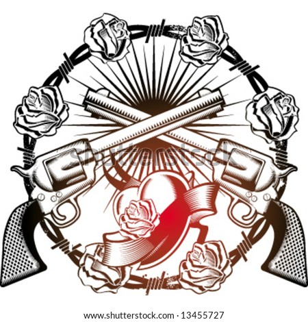 stock vector guns heart and roses emblem
