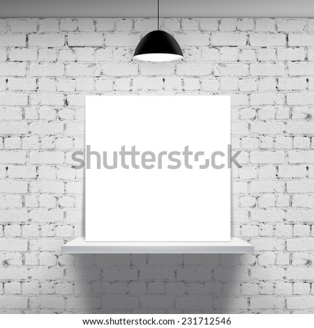 brick wall and white shelf with poster