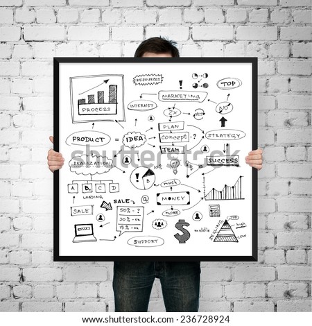 man holding poster business plan with frame on brick background