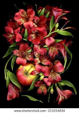 composition made from large red flowers and apple