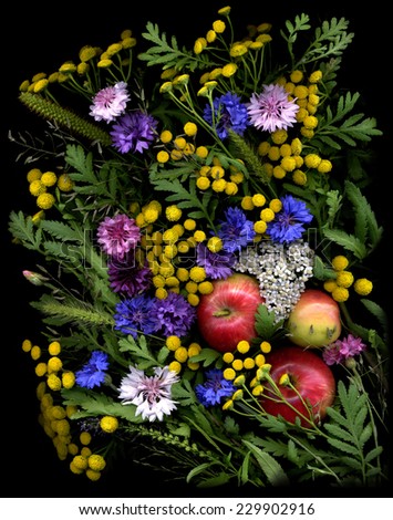 Beautiful natural composition made from apples and wild flowers - tansy, cornflowers and other
