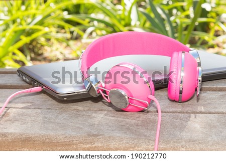 Vivid colorful pink headphones and laptop on the timbered bench in park