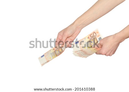 Woman pays or giving cash Euro banknotes money female hands isolated on white
