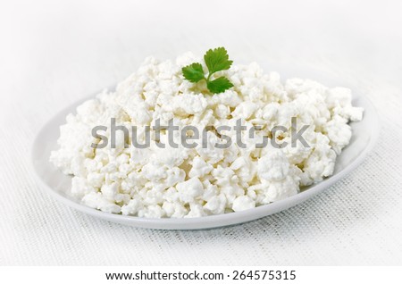 Curd cheese on white plate, close up view