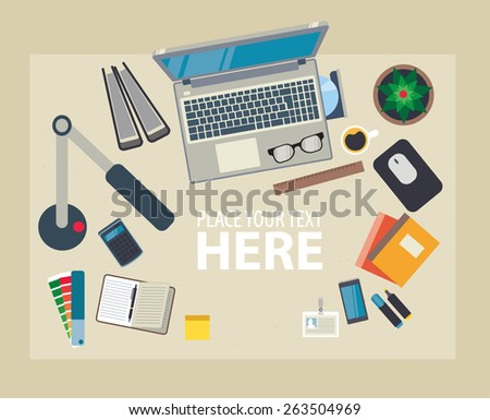 Set of Flat vector design illustration of modern business office and workspace. Top view of desk background with laptop, digital devices, office objects