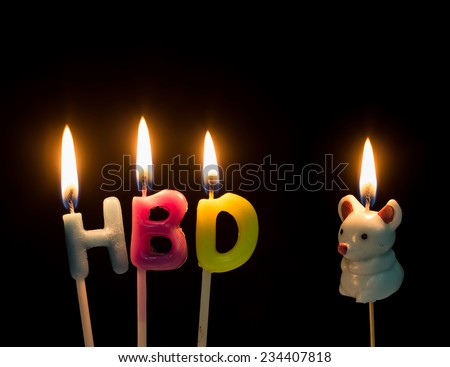 HBD, Happy birthday text with the Rat (one of the chinese zodiac animal) in lit candles